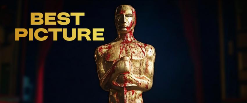 Oscar-nominated horror movies thumbnail: Oscar statuette covered in blood splatter with the text "BEST PICTURE" in gold letters above it