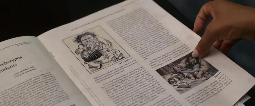 Bagman (1970) Movie scene: An open book about urban legends, including the Bagman