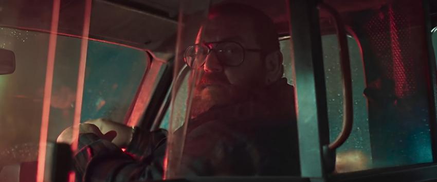 Black Cab (1970) Movie scene: Nick Frost's character looking back at the passengers in his black cab