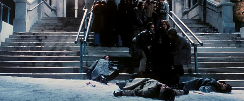Christmas Evil (1970) Movie scene: A chaotic scene of carnage on the steps outside a church