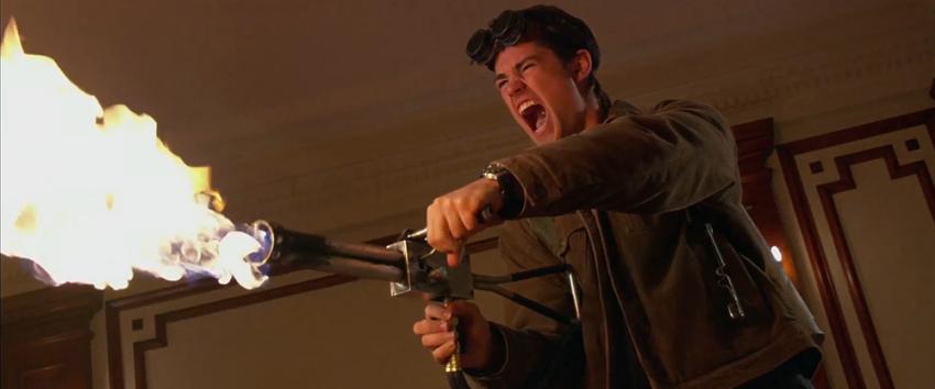 Decoys (1970) Movie scene: Luke (Corey Sevier) in an intense standoff, holding a flamethrower and blasting a beam of fire