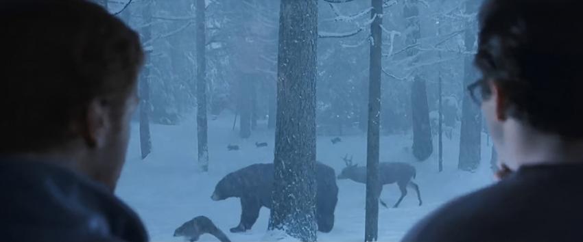 Dreamcatcher (1970) Movie scene: Jonesy (Damian Lewis) and Beaver (Jason Lee) watch as an animal run past