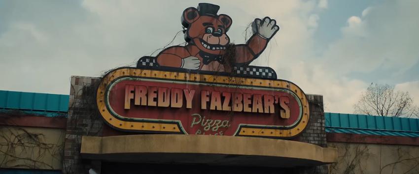 Five Nights at Freddy's (1970) Movie scene: The facade of Freddy Fazbear's Pizza Place, an iconic but rundown establishment