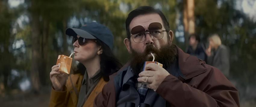 Get Away (1970) Movie scene: Richard (Nick Frost) and Susan (Aisling Bea) drinking from juice boxes