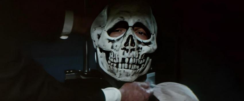 Halloween III - Season of The Witch (1970) Movie scene: A man wearing a Silver Shamrock skeleton Halloween mask