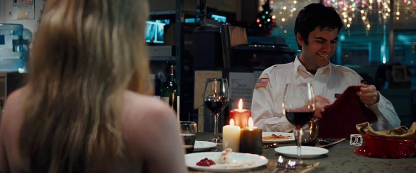 P2 (1970) Movie scene: Angela (Rachel Nichols) and Thomas (Wes Bentley) seated for dinner