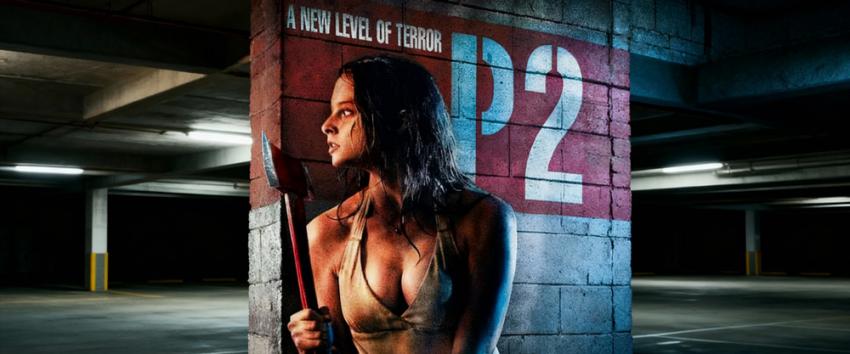 P2 (1970) Movie scene: Angela (Rachel Nichols) stands in the parking garage holding an axe beside a P2 pillar