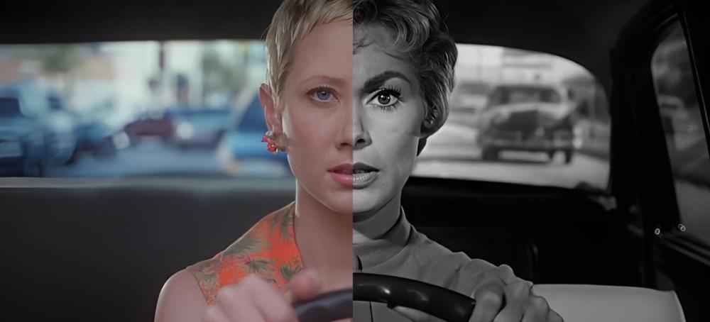 Split screen showing Marion Crane driving through the lens of Psycho (1960) and (1998)