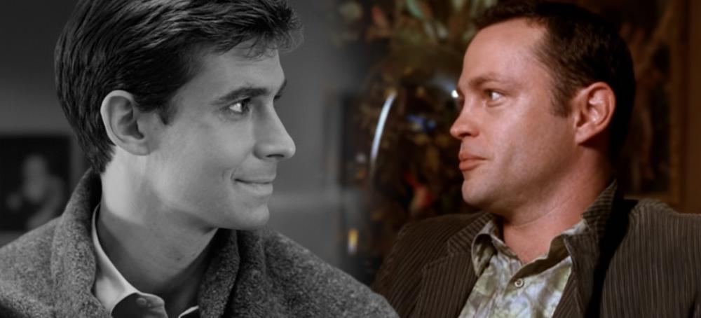 Split screen showing Anthony Perkins and Vince Vaughn as Norman Bates in Psycho (1960) and Psycho (1998)