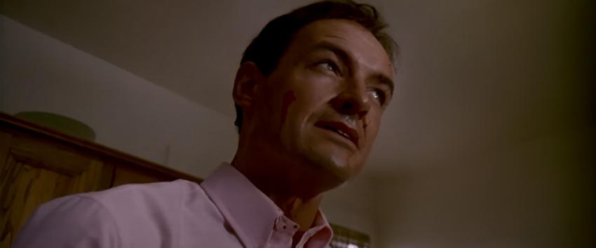 The Stepfather (1970) Movie scene: Jerry Blake (Terry O'Quinn) half-smirking, his gently face smeared with blood.