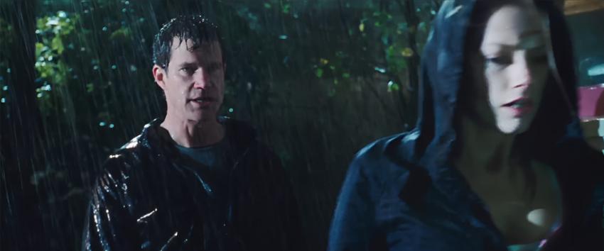 The Stepfather (1970) Movie scene: In the rain, David Harris (Dylan Walsh) quietly sneaks up behind Kelly (Amber Heard) near the house.